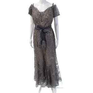 Ivonne D Women Dark Gray V-Neck Long Tie Waist Short Sleeve Dress Size 14